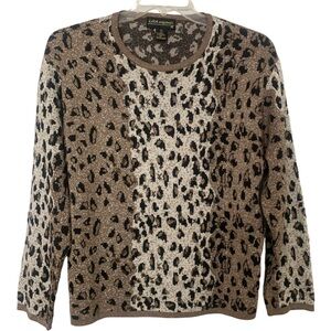 LISA Metallic Gold Beaded Leopard Primt Crewneck Heavyweight Sweater Sz L